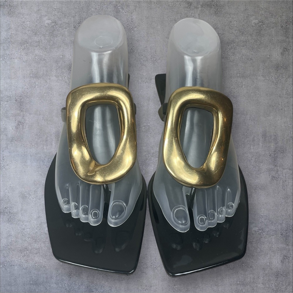 Jeffrey Campbell Black Linques Gold Ring Thong Sandals Womens 8 Flip Flop - Picture 2 of 8
